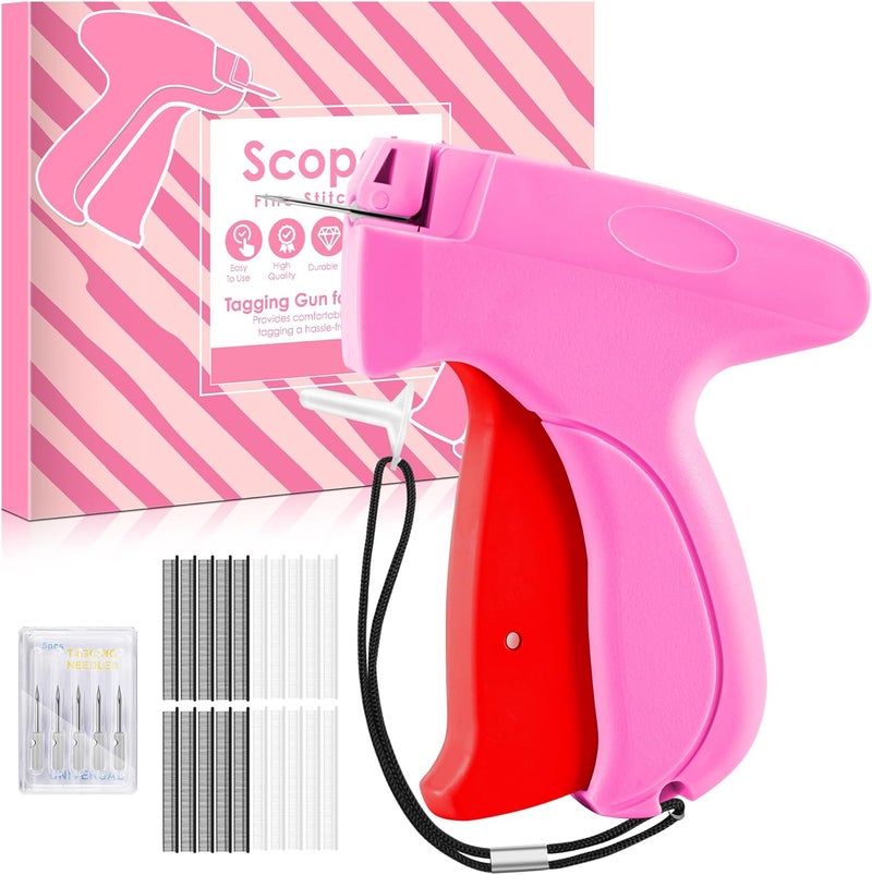 Scopck Stitch Gun for Clothes - Handheld Stitch Tag Gun Quick Clothing Fixer - Mini Sewing Kit Micro Tagging Gun - Includes 6 Needle, 1000 Black Fasteners & 1000 White Fasteners (Pink-Red) - Image 1